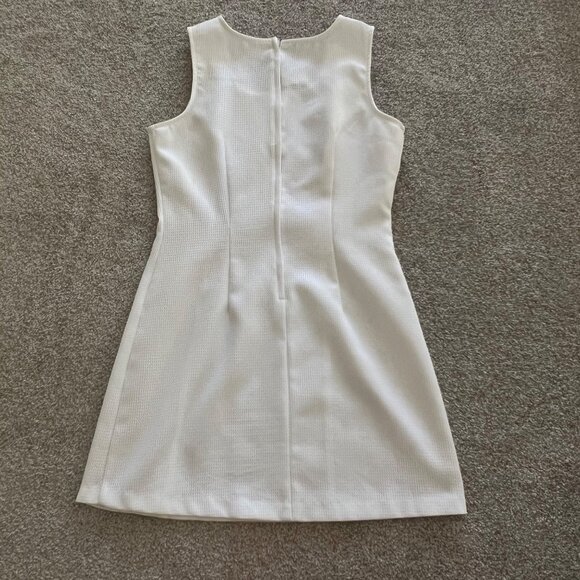 Vintage Wrapper Fitted Square Neck White Textured Dress Silver Belt Accent - Picture 8 of 11